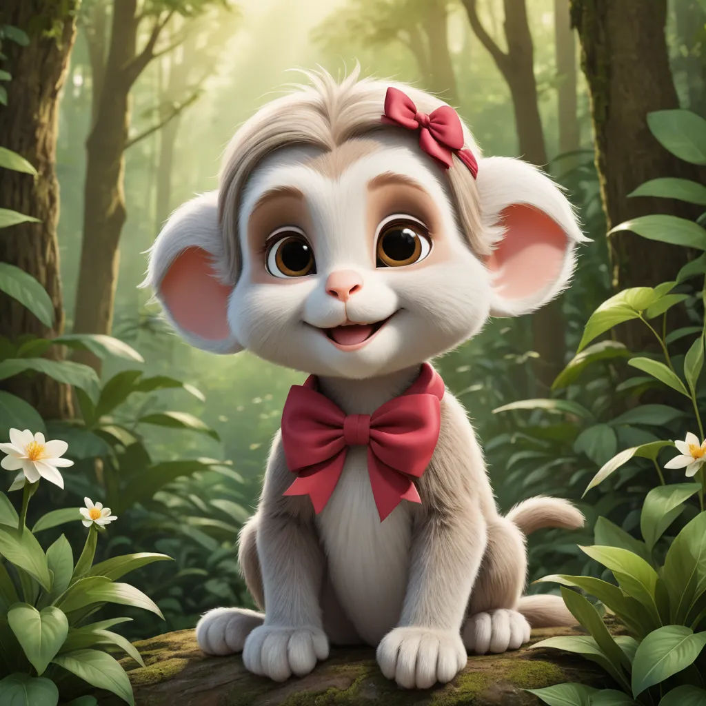 a cartoon mouse with a red bow sitting on a log in the woods with daisies around it and a forest background, furry art, a character portrait, Cheng Shifa, cute and funny
