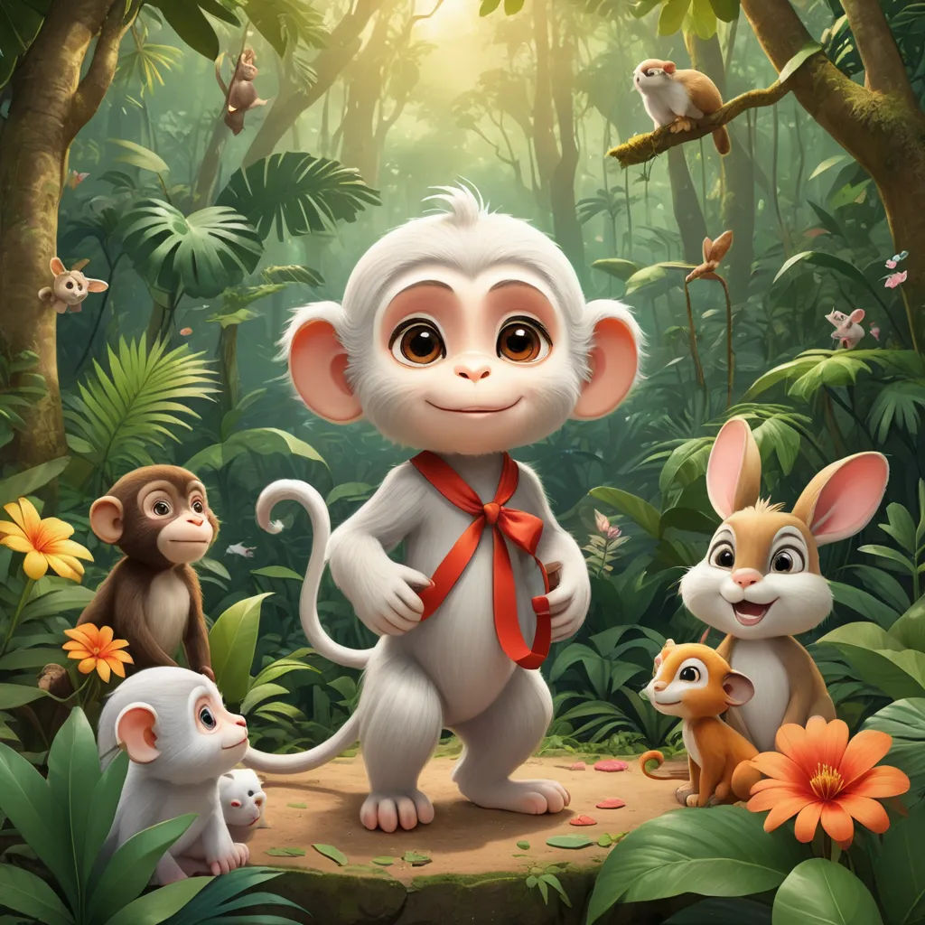 a monkey and other animals in a jungle with flowers and trees in the background, with a sunbeam, furry art, a character portrait, Diego Gisbert Llorens, promotional image