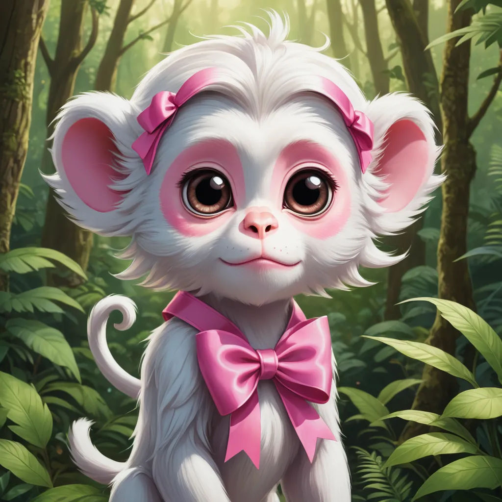 a painting of a monkey with a pink bow tie in a forest with trees and bushes behind it, with a light shining through the trees, furry art, a character portrait, Chen Lin, cgstudio