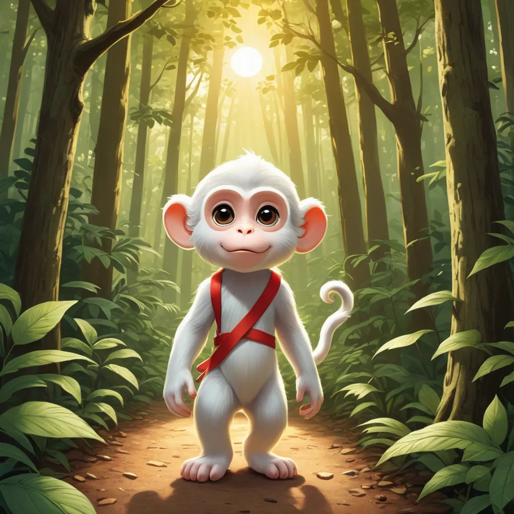 a monkey with a harness standing in the middle of a forest with a sun shining through the trees behind it, sots art, a digital painting, Ding Guanpeng, rossdraws global illumination