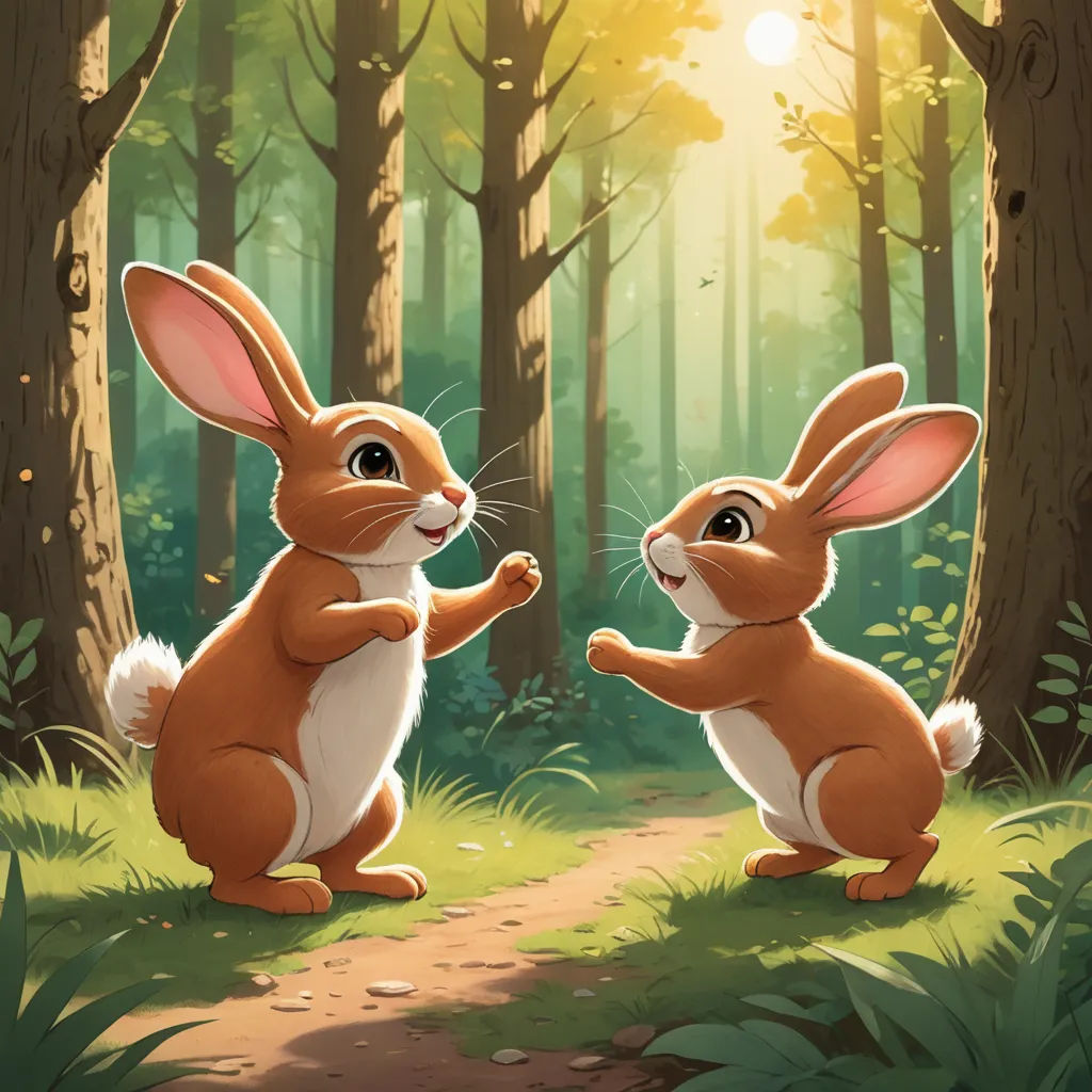 two rabbits are playing in the woods together, one is touching the other's hand with its paw, furry art, a storybook illustration, Chris LaBrooy, rossdraws global illumination