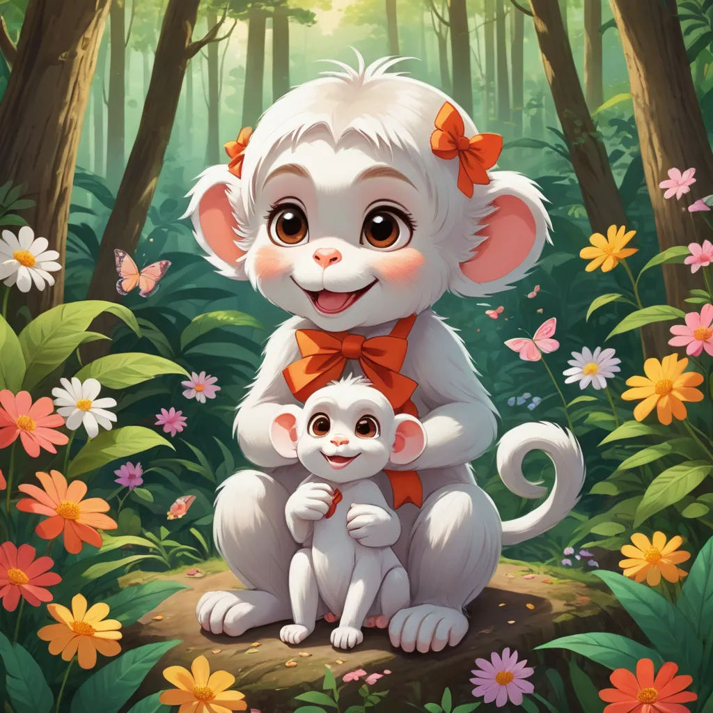 a monkey and a baby monkey sitting in a forest with flowers and butterflies around them, with a sunbeam in the background, furry art, a painting, Chen Lin, official art