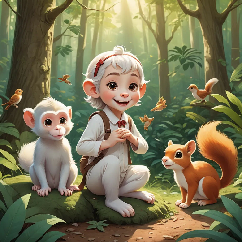 a boy with a backpack and two small animals in a forest with birds and butterflies flying around him,, furry art, a storybook illustration, Cliff Childs, official art