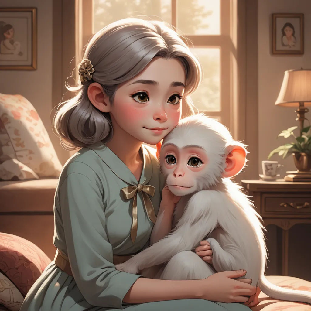 a woman holding a monkey in her arms in a room with a window and a lamp on the wall, furry art, a storybook illustration, Chen Chun, rossdraws global illumination