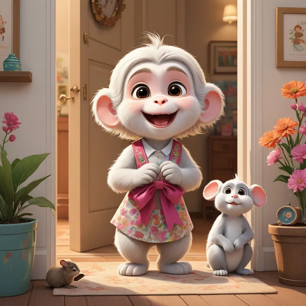 a cartoon character standing next to a small mouse in a room with flowers and a potted plant on the floor, furry art, a poster, Cliff Childs, promotional image