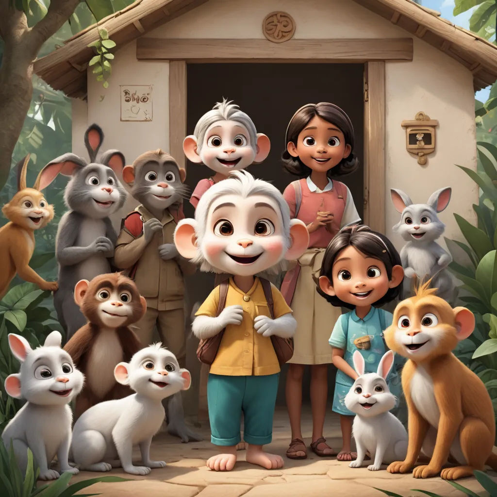 a group of people standing in front of a small house with many animals around them and a woman standing in front of the house, furry art, a poster, Basuki Abdullah, promotional image