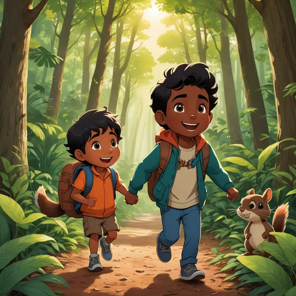 a boy and a boy walking in the woods with a squirrel on a leash behind them, holding hands, sots art, concept art, Chris LaBrooy, official art