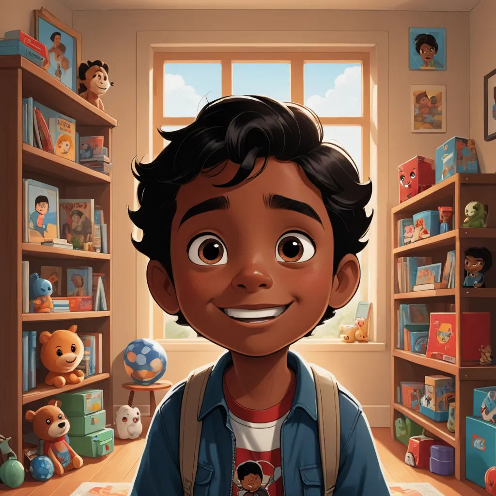 a cartoon boy with a backpack in a room full of toys and bookshelves with a window and a teddy bear, photorealism, a character portrait, Chris LaBrooy, comic cover art