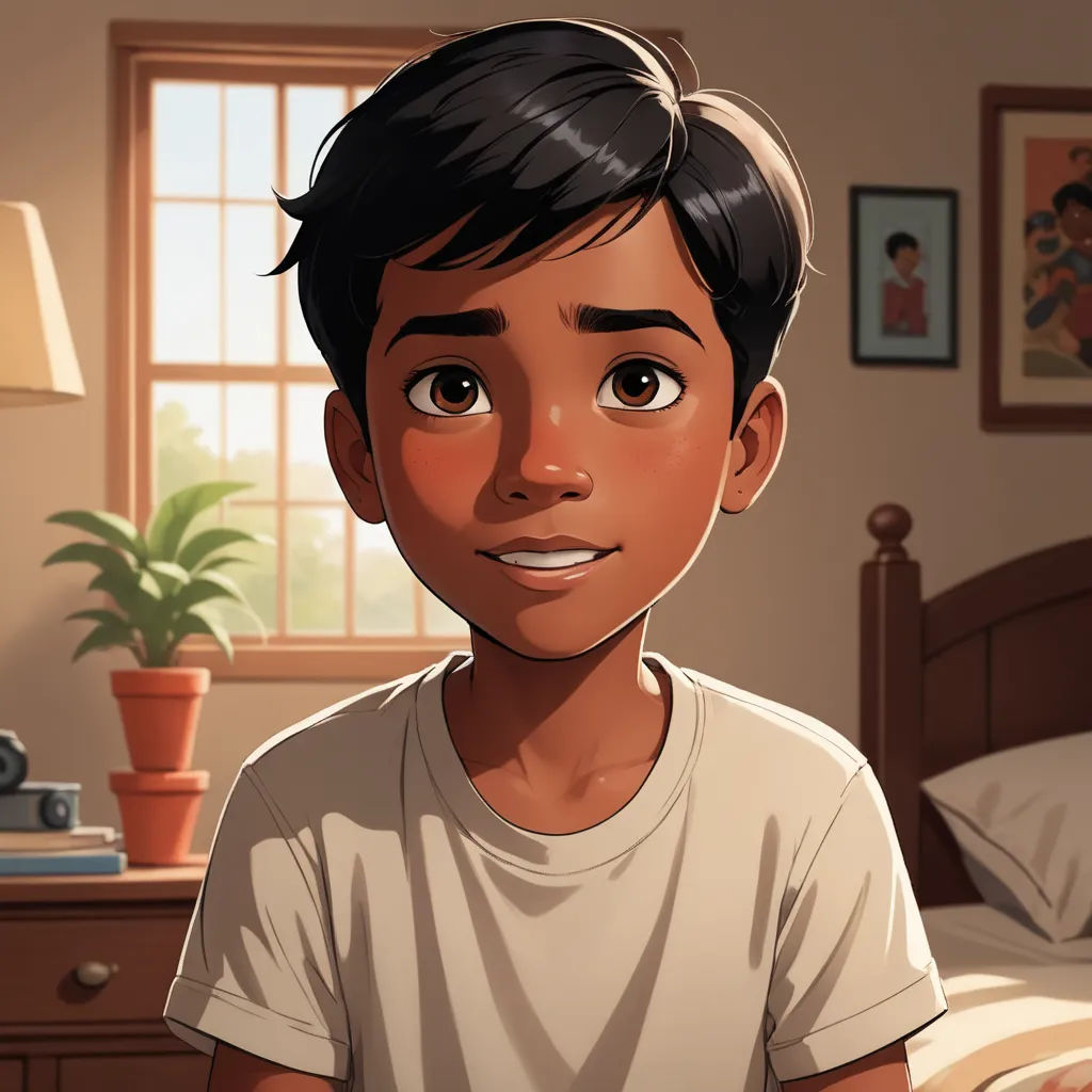 a boy in a white shirt is sitting in a bedroom with a plant in the corner of the room, sots art, a comic book panel, Eddie Mendoza, graphic novel