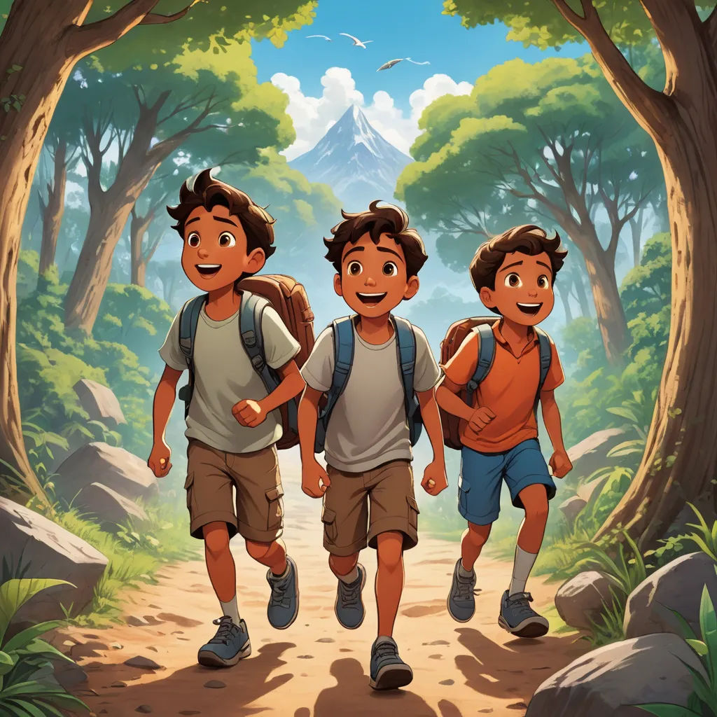 three boys are walking through a forest with backpacks on their backs and a mountain in the background with trees, samikshavad, a storybook illustration, Brothers Hildebrandt, official art