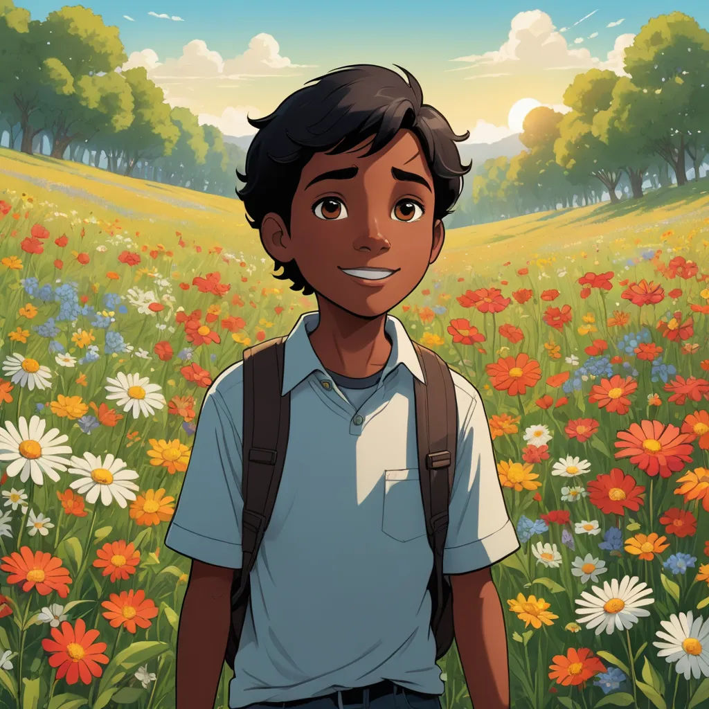 a boy standing in a field of flowers with a backpack on his shoulder and a sky background with clouds, serial art, a character portrait, Everett Warner, comic cover art