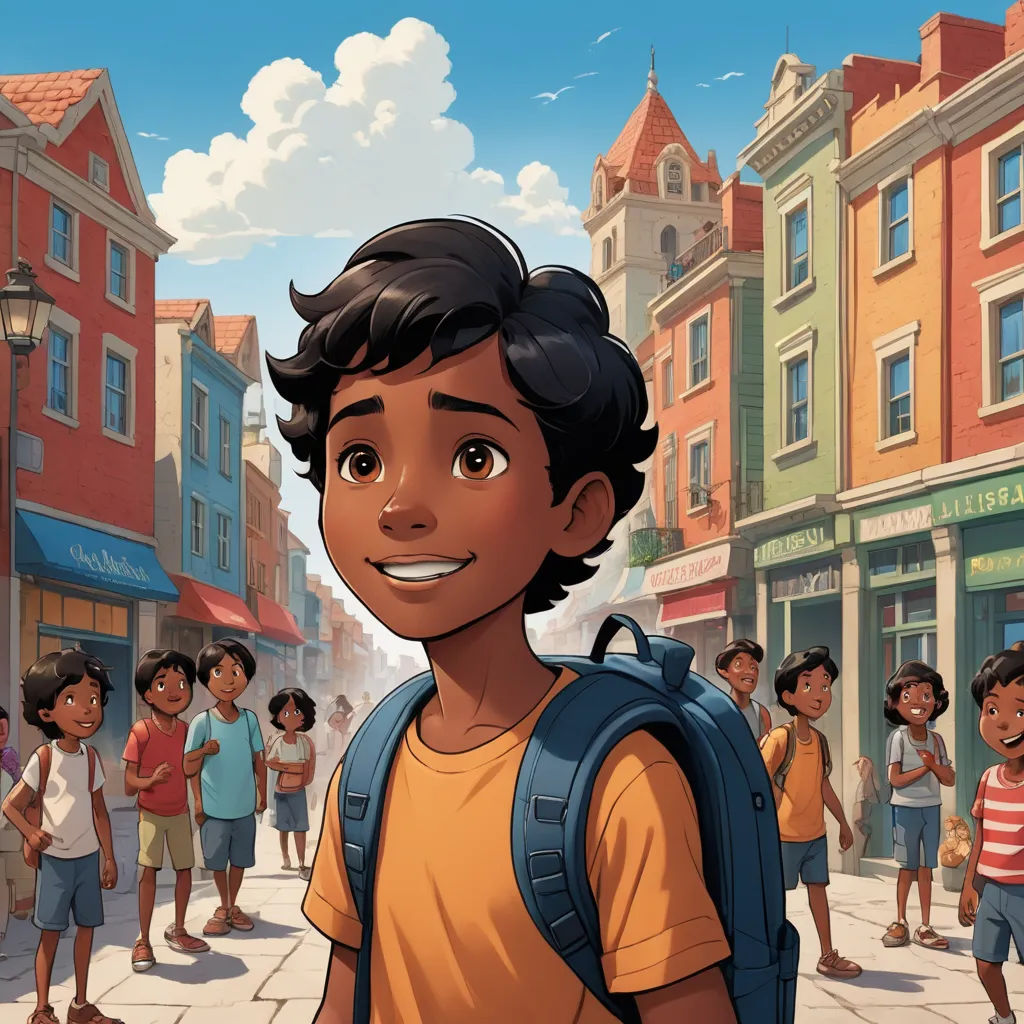 a cartoon boy with a backpack standing in front of a crowd of people on a city street with buildings, american scene painting, a storybook illustration, Chris LaBrooy, comic cover art