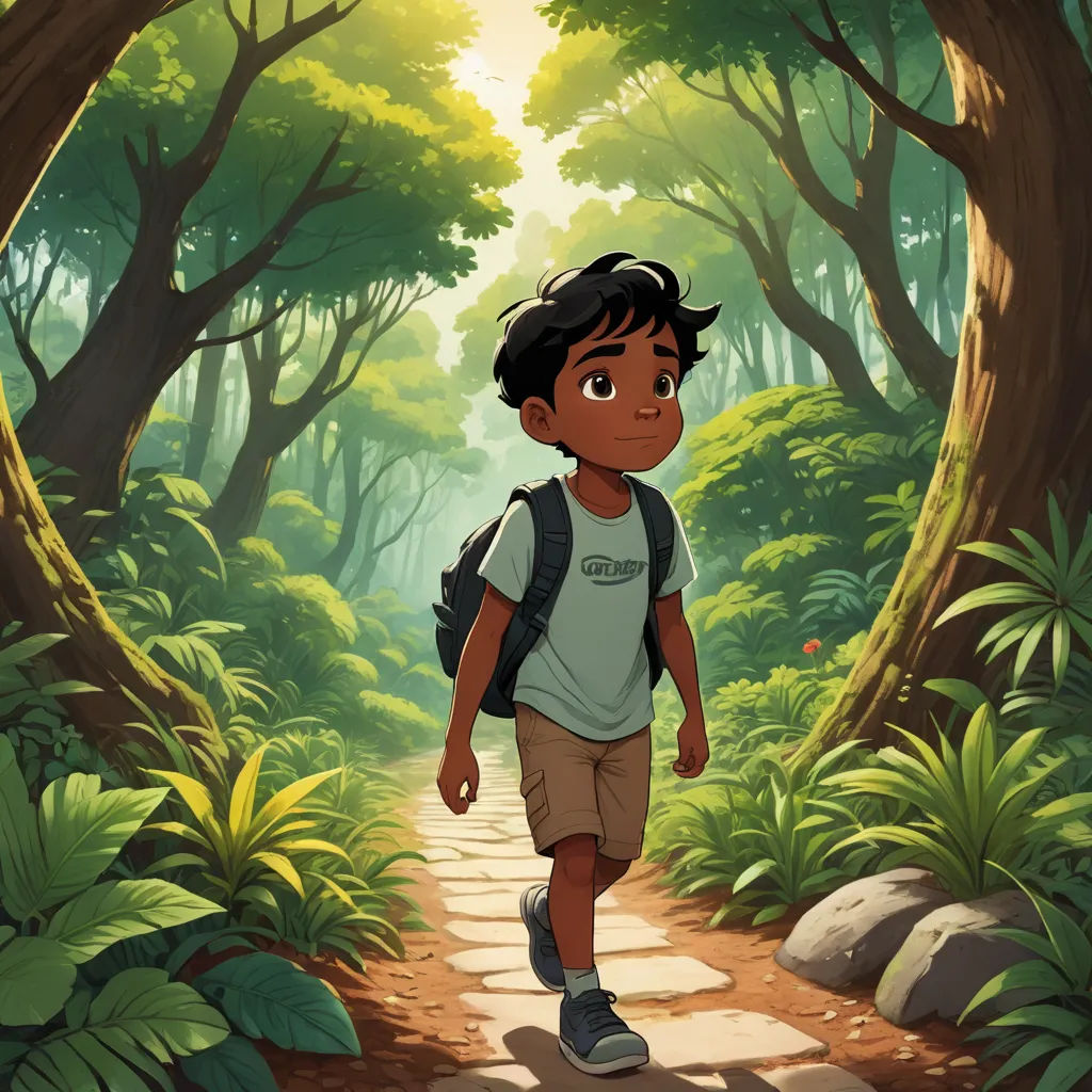 a boy walking through a forest with a backpack on his back and a backpack on his shoulder, in front of a path, magical realism, concept art, Cliff Childs, official art