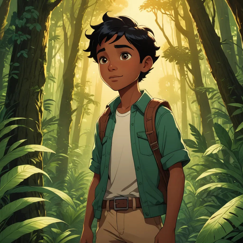 a boy in a forest with a backpack on his back and a backpack on his shoulder, looking at the camera, sots art, a character portrait, Cliff Childs, official art