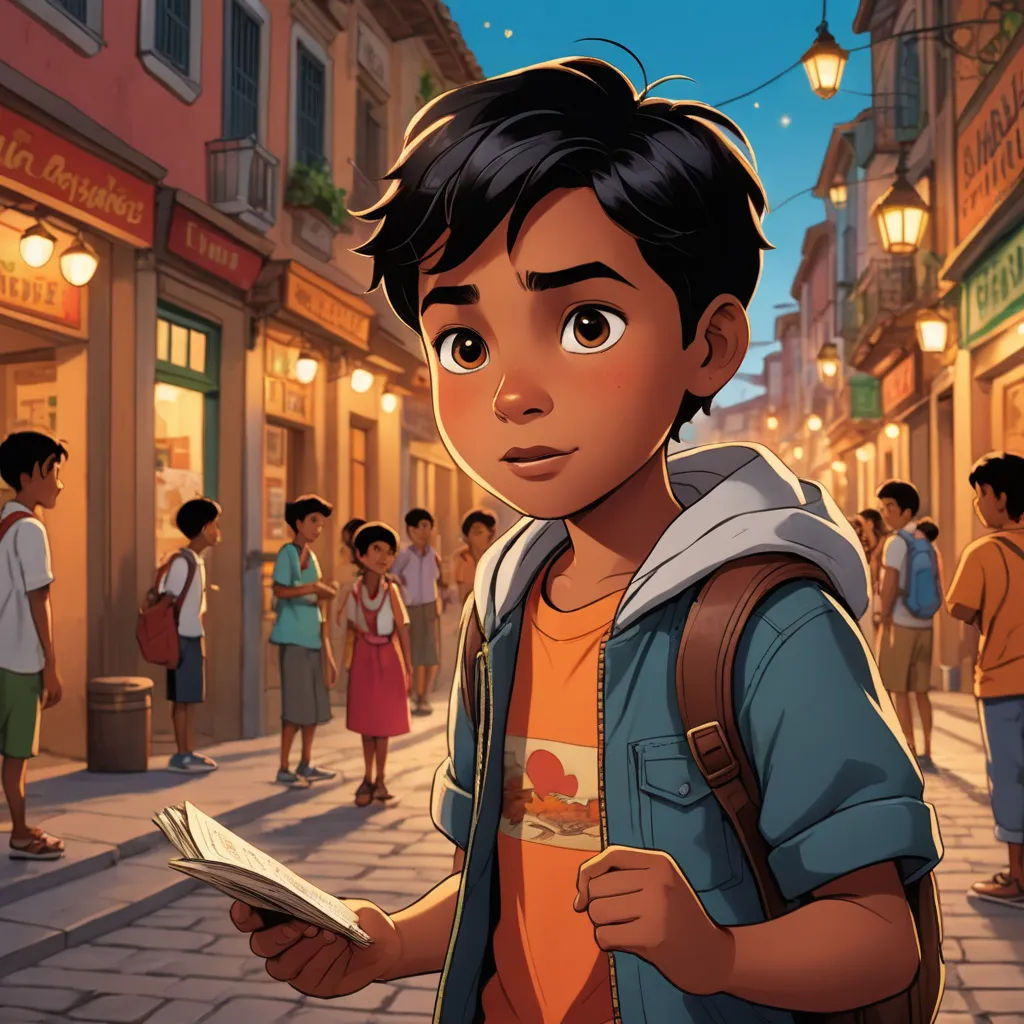 a boy is standing in the street with a book in his hand and people are walking around him on the sidewalk, photorealism, a storybook illustration, Eddie Mendoza, official art