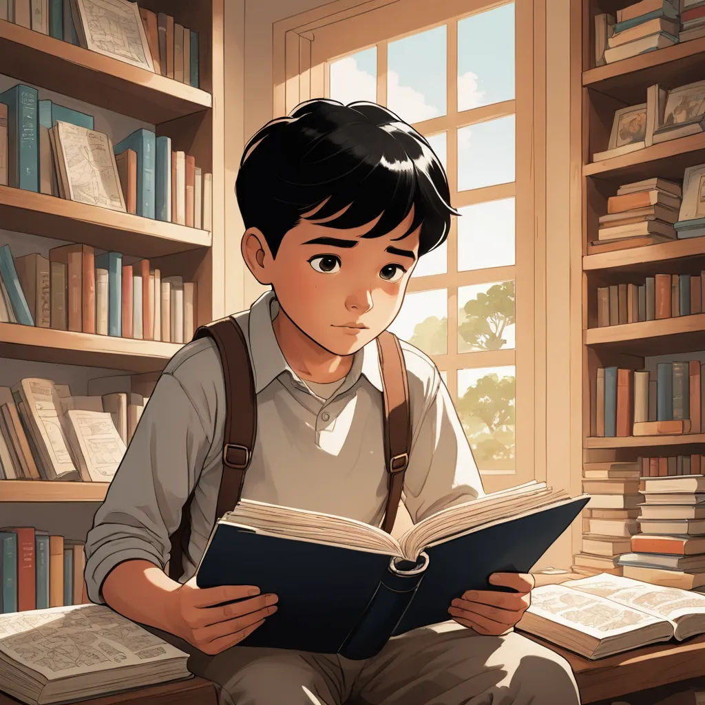 a boy sitting on a bench reading a book in a library with a window behind him and a bookcase full of books, fantasy art, a storybook illustration, Diego Gisbert Llorens, rossdraws global illumination