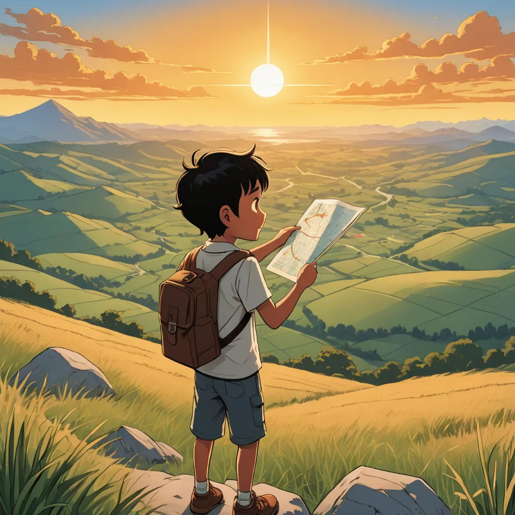 a boy looking at a map while standing on a hill with a sunset in the background and a valley in the foreground, serial art, a storybook illustration, Asaf Hanuka, promotional image