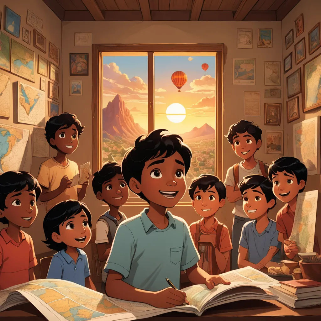 a group of children are gathered around a book in a room with a window and a hot air balloon, serial art, a storybook illustration, Chris LaBrooy, official art
