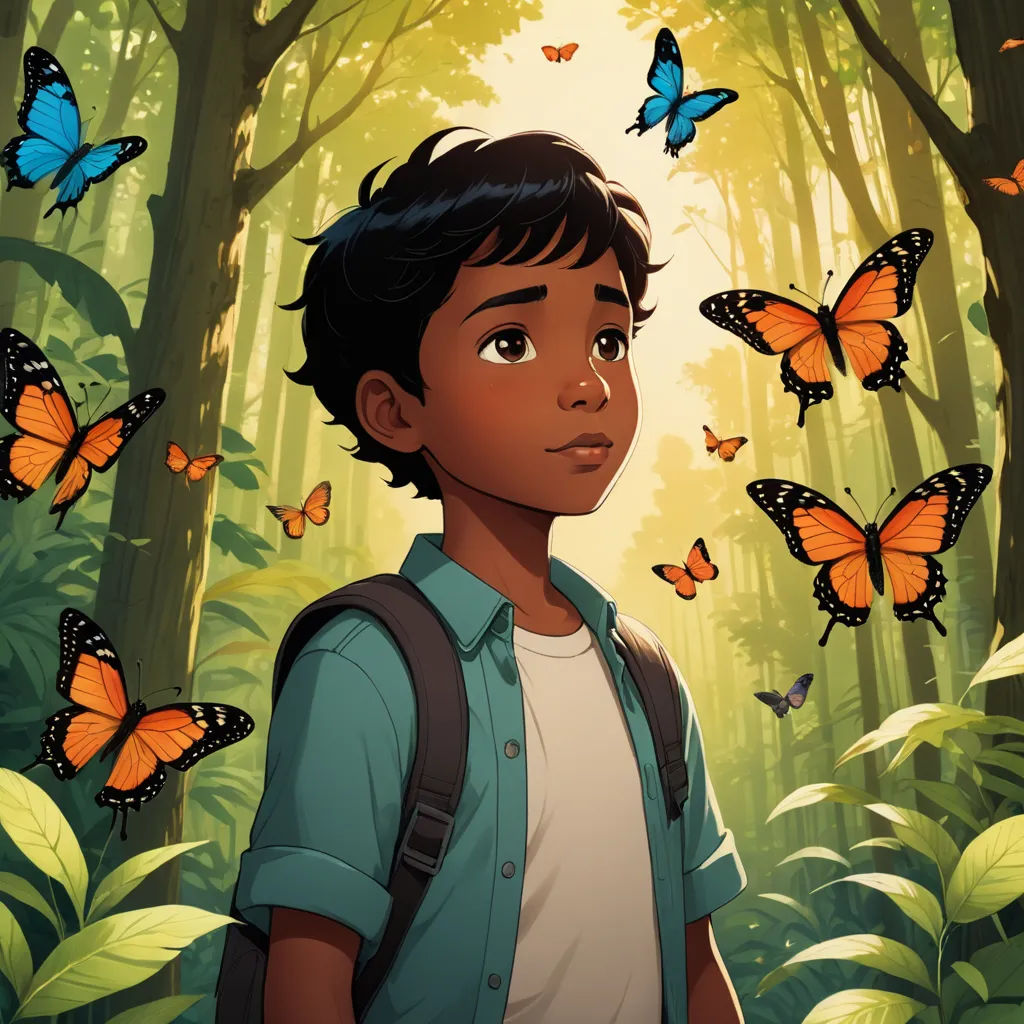 a boy in a forest with butterflies flying around him and a forest of butterflies in the background with a boy in a blue shirt, magical realism, poster art, Eddie Mendoza, comic cover art
