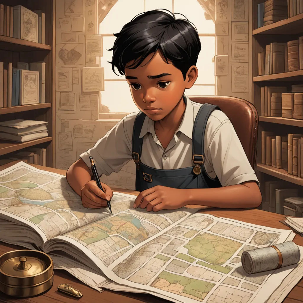 a boy is sitting at a desk with a book and a pen in his hand and a book in front of him, fantasy art, a storybook illustration, Aaron Jasinski, storybook illustration