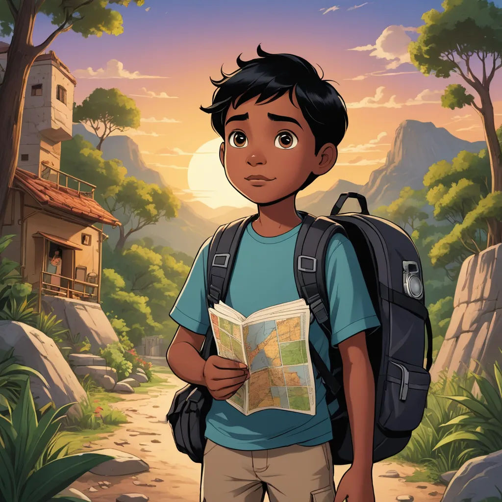 a boy with a backpack is looking at a map in the wilderness with a house in the background and a tree in the foreground, sots art, a character portrait, Aaron Jasinski, promotional image