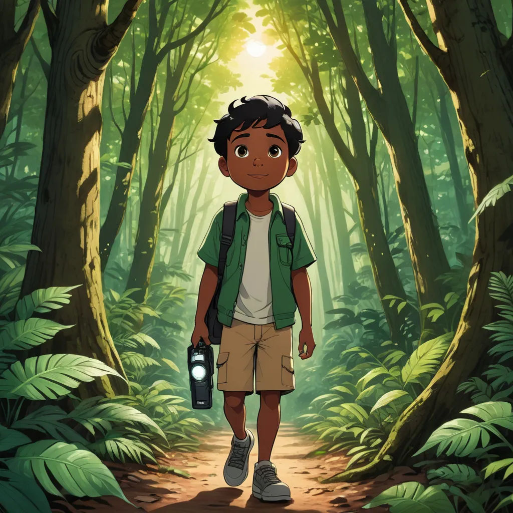 a boy with a camera in a forest with trees and ferns on the ground, with a light shining on him, environmental art, a character portrait, Cliff Childs, official art