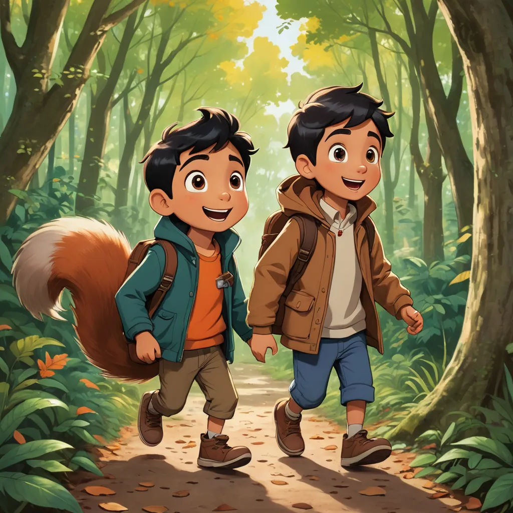 two young boys walking through a forest holding hands and a squirrel backpack on their back, with a forest background, sots art, concept art, Diego Gisbert Llorens, official art