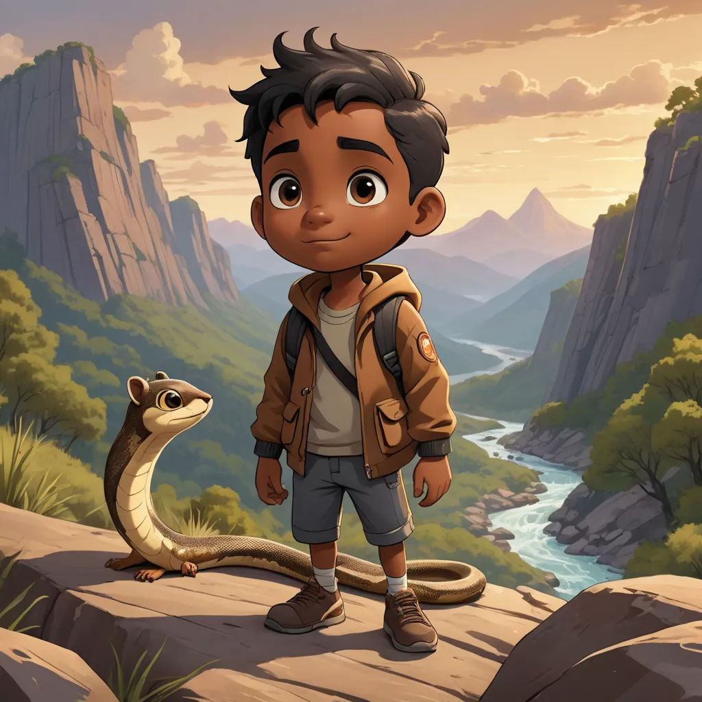 a boy standing on a cliff with a snake in his hand and a mountain in the background with a river running through it, sots art, a character portrait, Chris LaBrooy, promotional image