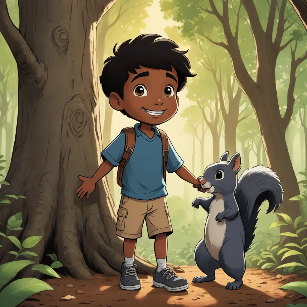 a boy is holding the hand of a squirrel in a forest with a tree and a forest background with a sun shining through the trees, furry art, a storybook illustration, Chris LaBrooy, official art