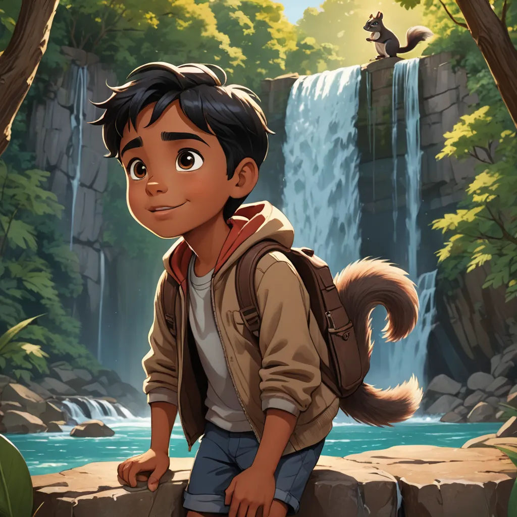 a boy with a backpack standing in front of a waterfall and a squirrel on the cliff above him, with a squirrel on the cliff, furry art, poster art, Cliff Childs, key art