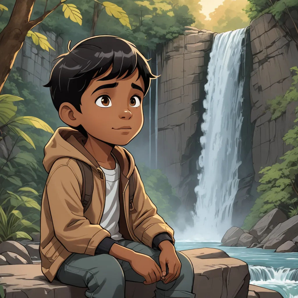 a boy sitting on a rock in front of a waterfall with a waterfall in the background and a forest, serial art, concept art, Cliff Childs, official art