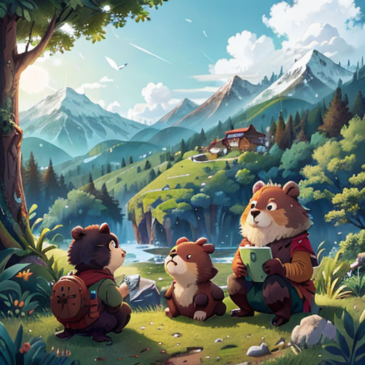 a group of bears sitting on top of a lush green field next to a forest filled with trees and a river
