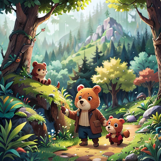 a man and two bears walking through a forest with a forest background and a mountain in the background with trees