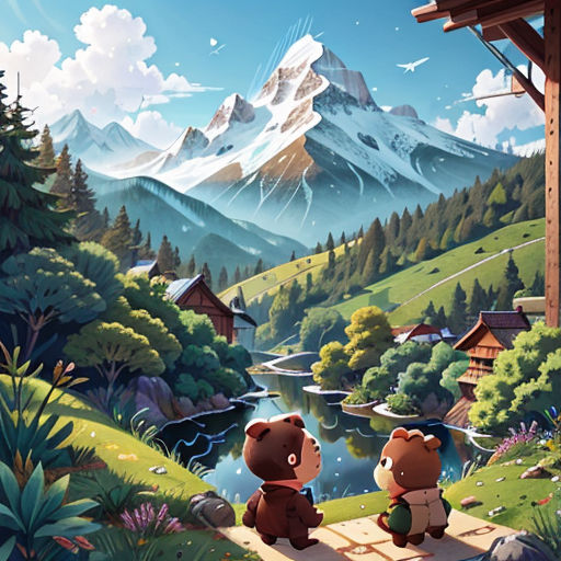 two bears sitting on a platform in front of a mountain landscape with a lake and a cabin in the background