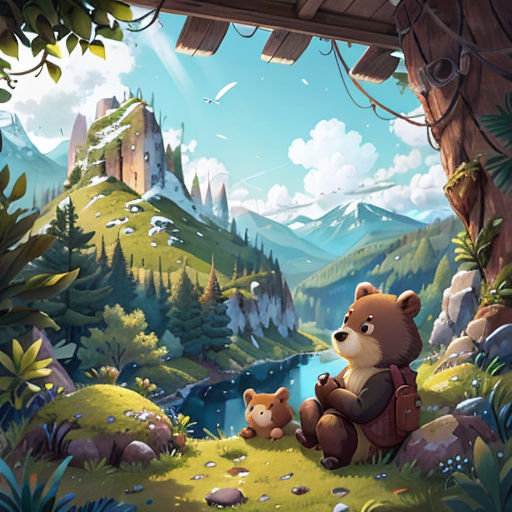 a bear and her cub are sitting in the forest by a river and a castle in the background with a bird flying over it
