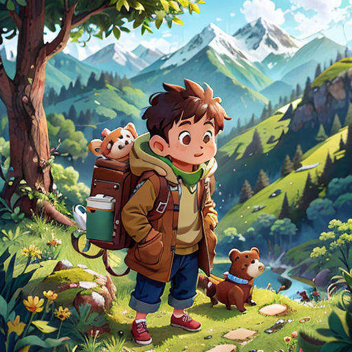a boy with a backpack and two bears in a forest with mountains in the background and a stream running through the grass