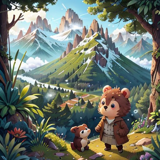 a bear and a bear cub are standing in the woods with mountains in the background and a forest with trees and flowers