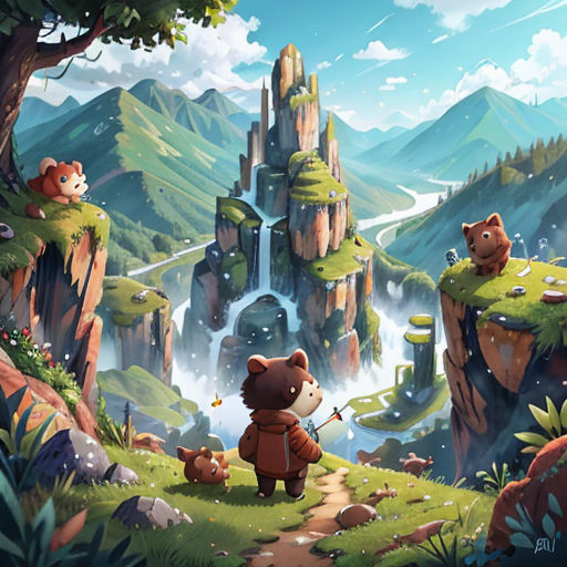 a bear and a bear cub are standing in the woods by a waterfall and a waterfall is in the distance