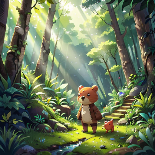 a cartoon bear and a fox in a forest with sunlight streaming through the trees and grass on the ground