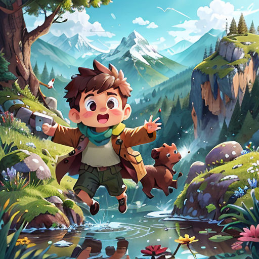 a boy flying through the air over a forest filled with animals and a river surrounded by mountains and trees