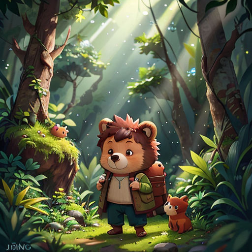 a bear with a backpack in the forest with other animals around him and a light shining on him from behind