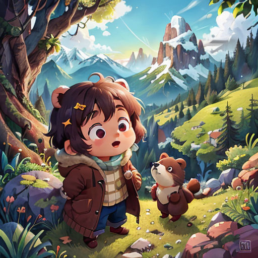 a girl holding a teddy bear in a forest with mountains in the background and a dog in the foreground