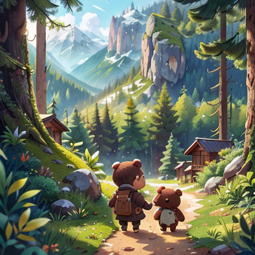two teddy bears walking down a path in a forest with mountains in the background and a cabin in the distance