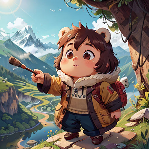 a boy with a backpack and a backpack on a mountain with a river and mountains in the background, and a forest with a mountain and a river