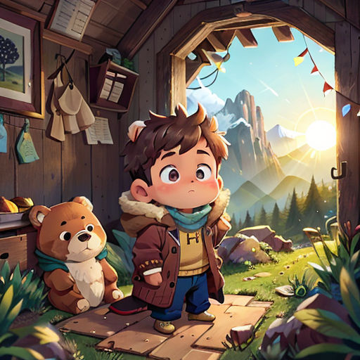 a boy standing in a cabin with a teddy bear and a bear cub in front of him, with a mountain background
