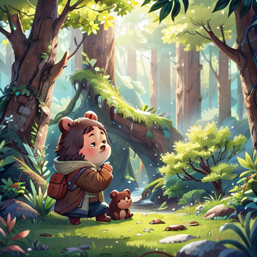 a little boy is sitting in the woods with a teddy bear in his lap and looking at the ground
