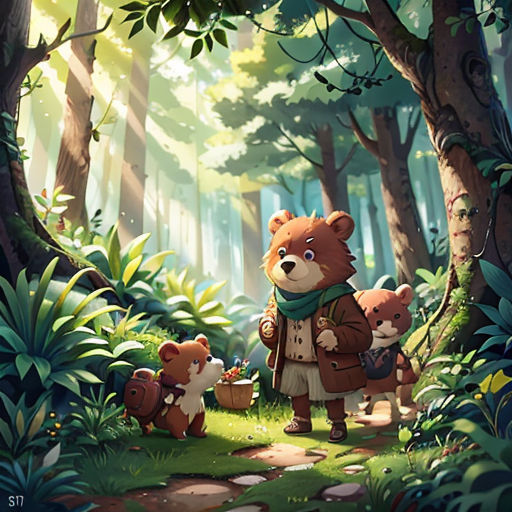a bear and her cubs in the woods by a path with trees and bushes on either side of the path