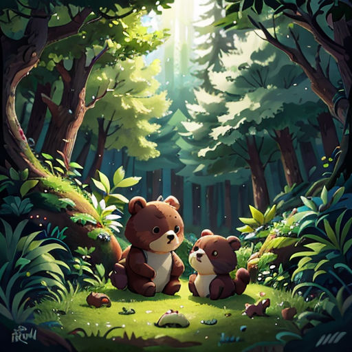 two bears sitting in the middle of a forest with a light shining through the trees and grass on the ground