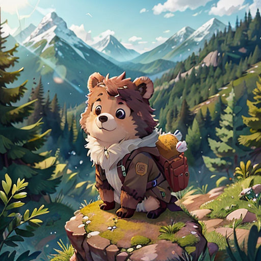 a bear with a backpack is standing on a rock in the woods with mountains in the background and a sky with clouds