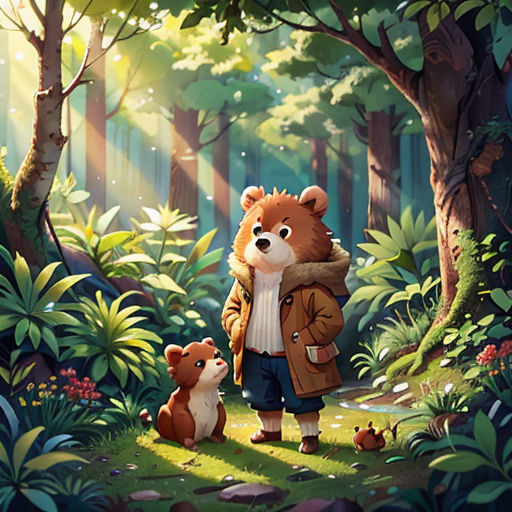 a painting of a boy and a bear in a forest with a dog and a squirrel in the foreground